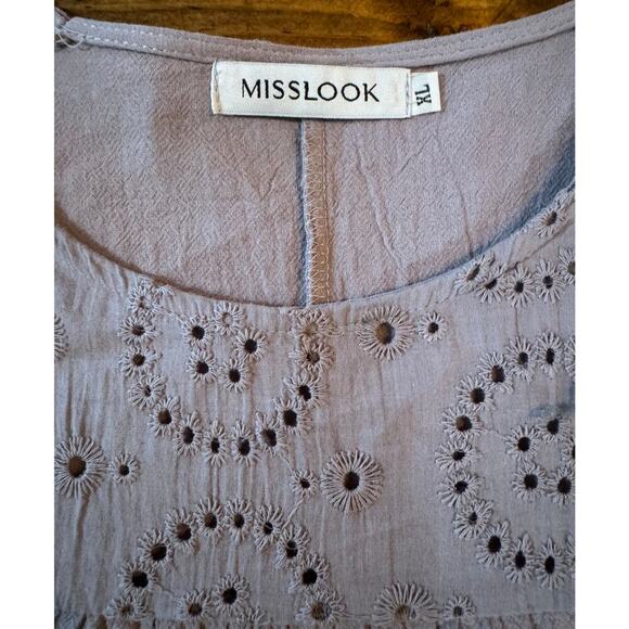 MissLook Gray / Blue Linen Blend Blouse Women's XL Eyelet Detail Ruffle Sleeves - Picture 5 of 11